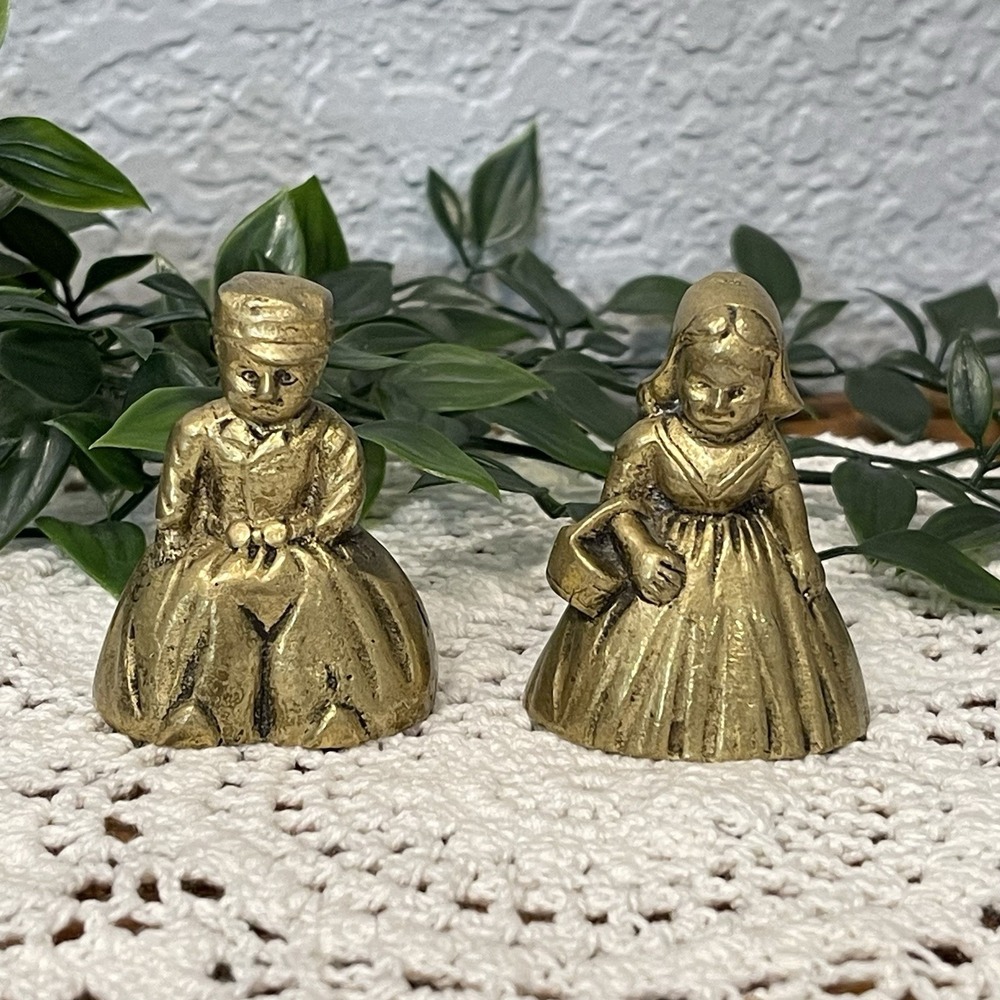 Antique DEPOSE European Brass Figural Hand Bells Dutch Boy & Girl Pair 1900s